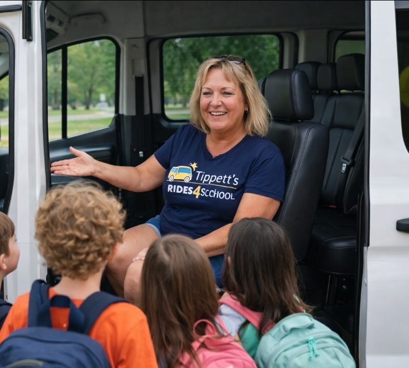 A Tippett’s Rides 4 School driver greeting children at the vehicle