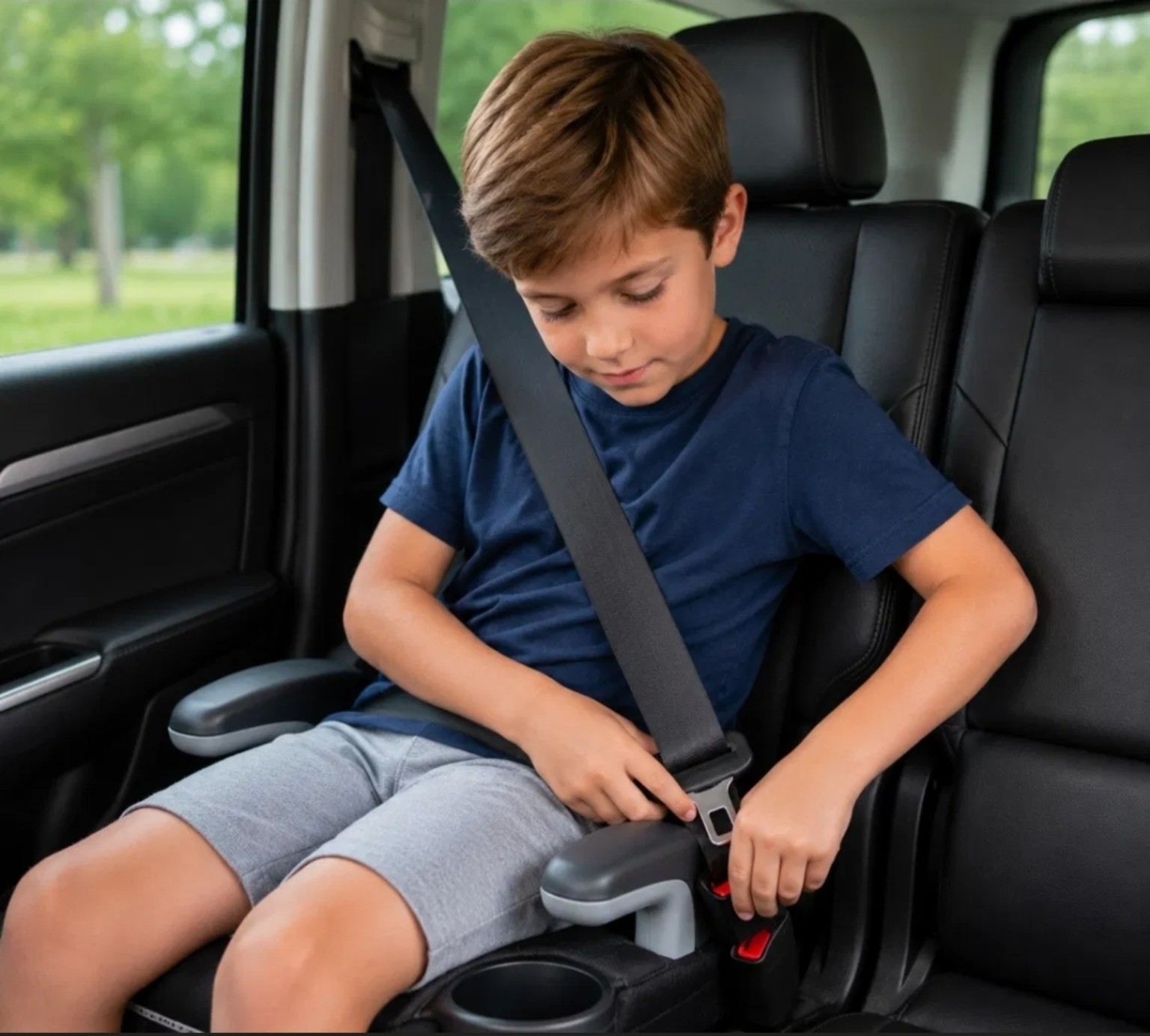 A child safely fastening a seat belt in a vehicle