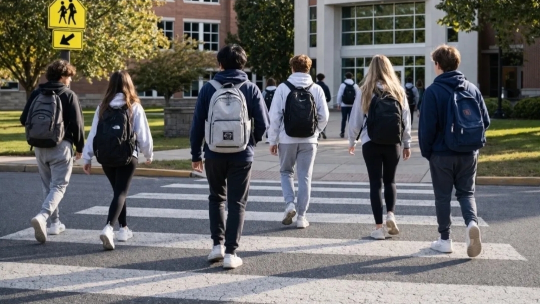 Students walking toward a school building with their backpacks